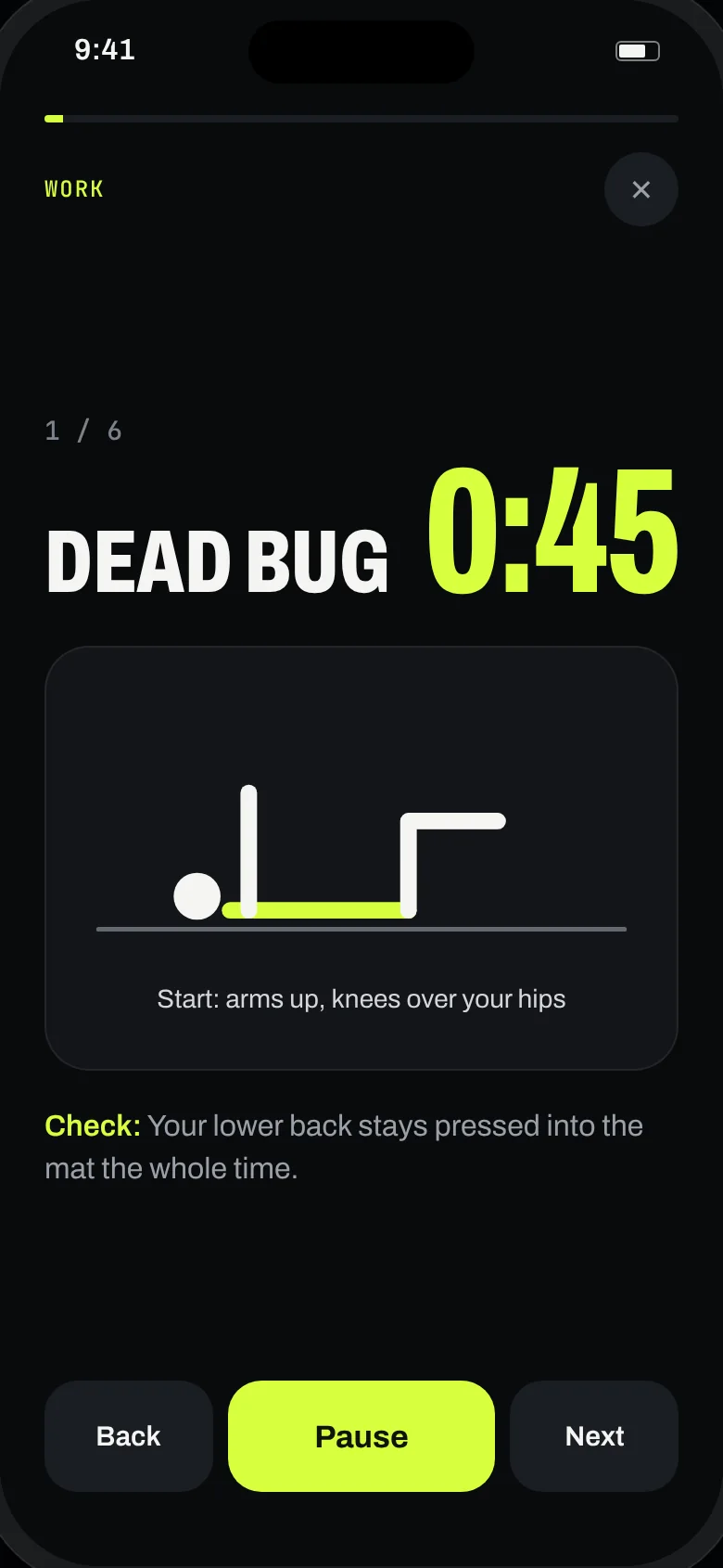 Guided core session showing the dead bug exercise with a 45-second timer