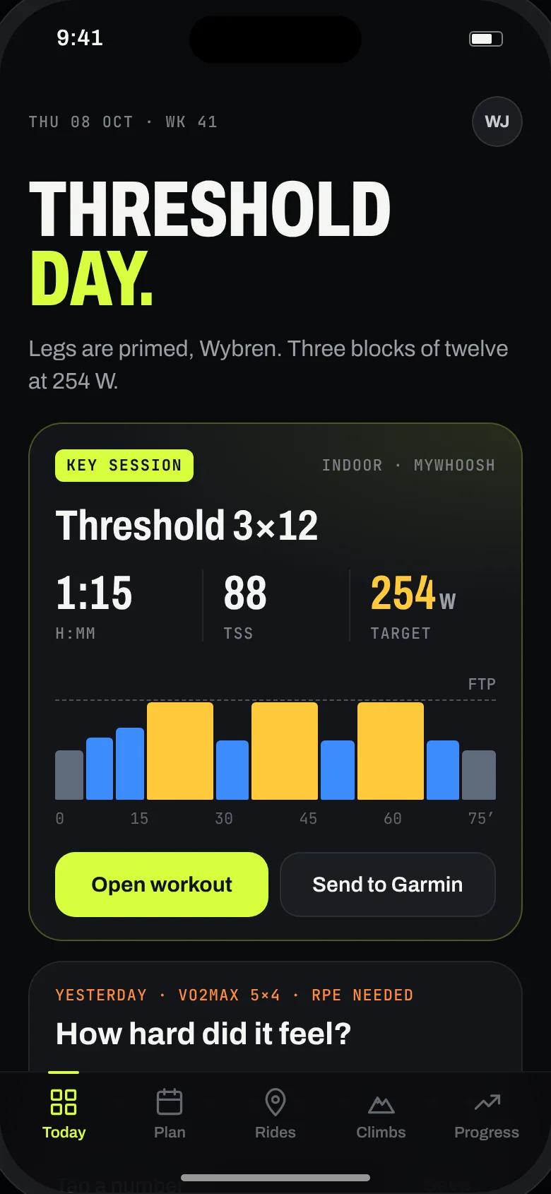 Today screen showing a Threshold 3×12 key session with its workout profile, duration, TSS and target power